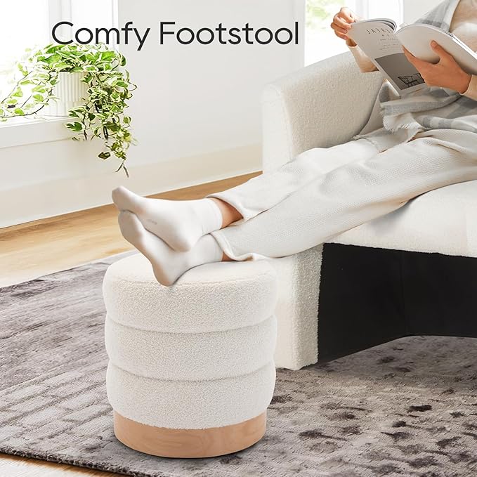 COLAMY Sherpa Ottoman Footstool, Tufted Modern Foot Rest Stool with Wood Base for Living Room, Bedroom, Desk, Round Versatile Side End Table, Pouf, Makeup Seat, Cream