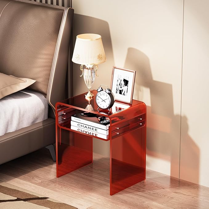 Clear Acrylic End Table 2-Tier Bedside Nightstand for Living Room Bedroom (1, Red)