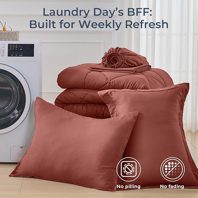 HEVUMYI Terracotta Twin Comforter Set - 5-Piece All Season Bed in a Bag Twin, Ultra Soft Bedding Set with Comforter, Flat Sheet, Fitted Sheet, Pillowcases, Pillow Shams