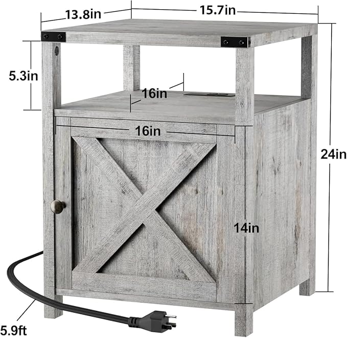Farmhouse Nightstand Set of 2, Rustic End Table with Storage, Bedroom Night Stand, Industrial Bedside Table with USB Ports and Outlets, 17.7 x 17.7 x 23.6 inches, Grey