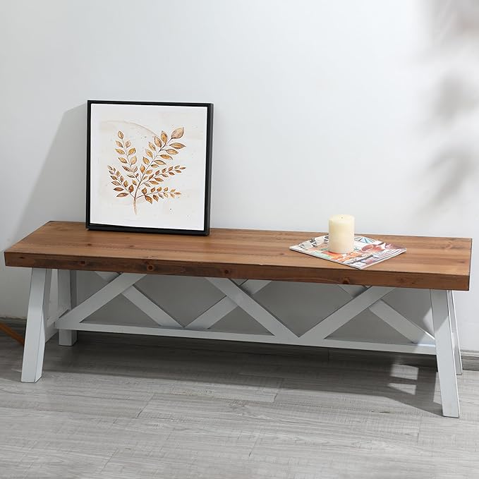 Wnutrees 54" Farmhouse Wood Bench, Rustic Solid Wood Entryway Bench Seat with Double X-Structure for Dining Room, Living Room, Hallway, Structural Stability, White