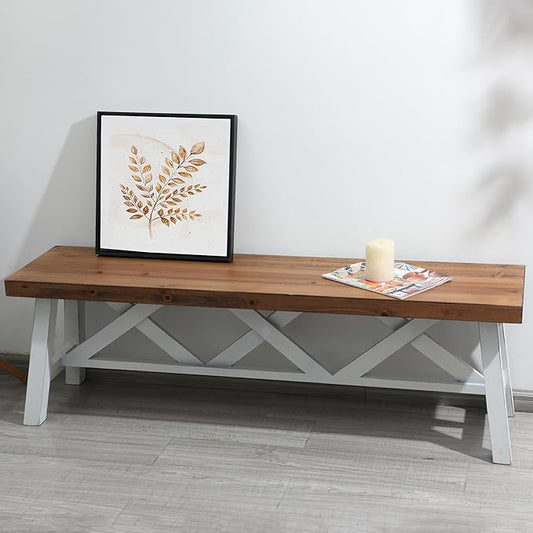 Wnutrees 54" Farmhouse Wood Bench, Rustic Solid Wood Entryway Bench Seat with Double X-Structure for Dining Room, Living Room, Hallway, Structural Stability, White