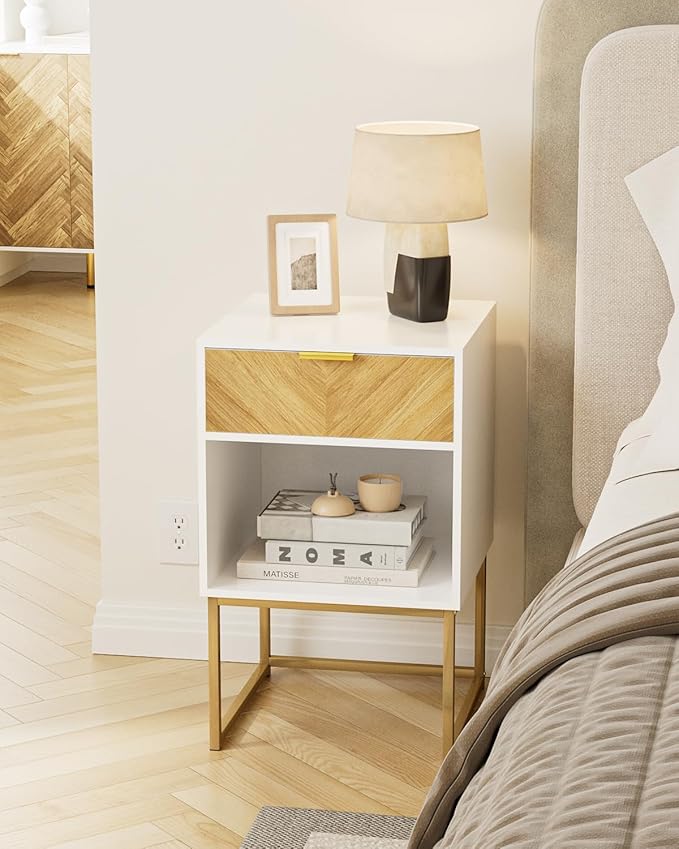 Nightstand,Modern Night Stand Boho Farmhouse Wood Bedside Table with Storage Drawer and Open Shelf,Side End Table for Bedroom,Living Room,White