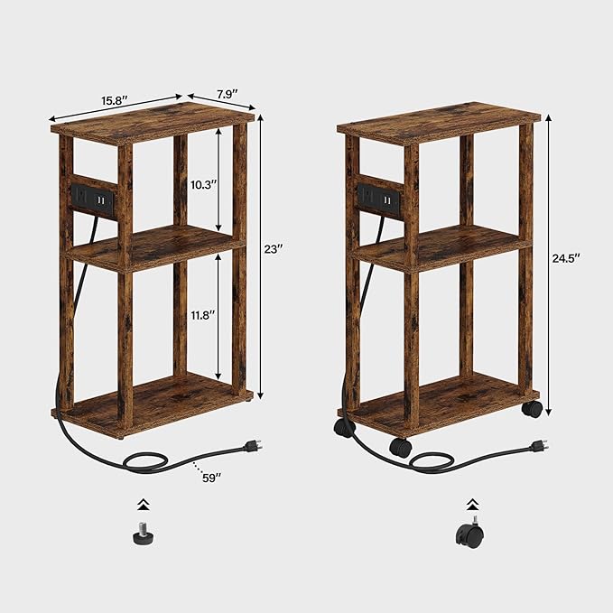 TUTOTAK Small Narrow Side Table with Charging Station, Skinny End Table for Small Spaces, Slim Nightstand with USB Ports and Outlet, Sofa Beside Table with Wheels, Rustic Brown TB01BB046C