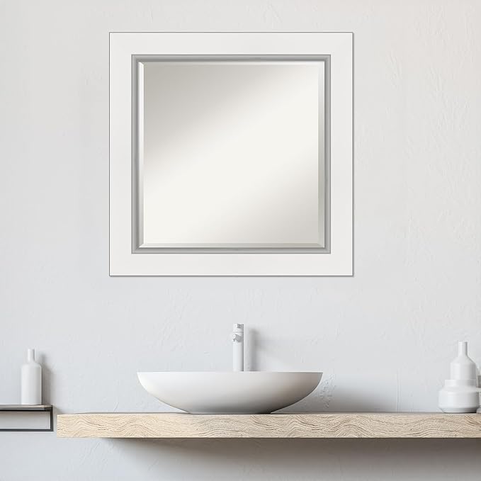 Amanti Art White Bathroom Mirror for Over Sink, 26x26 Eva White Silver Square Vanity Mirror, Medium Modern Frame, Hangs Horizonally and Vertically, Bathroom Wall Decor, Beveled Edge from WI, USA