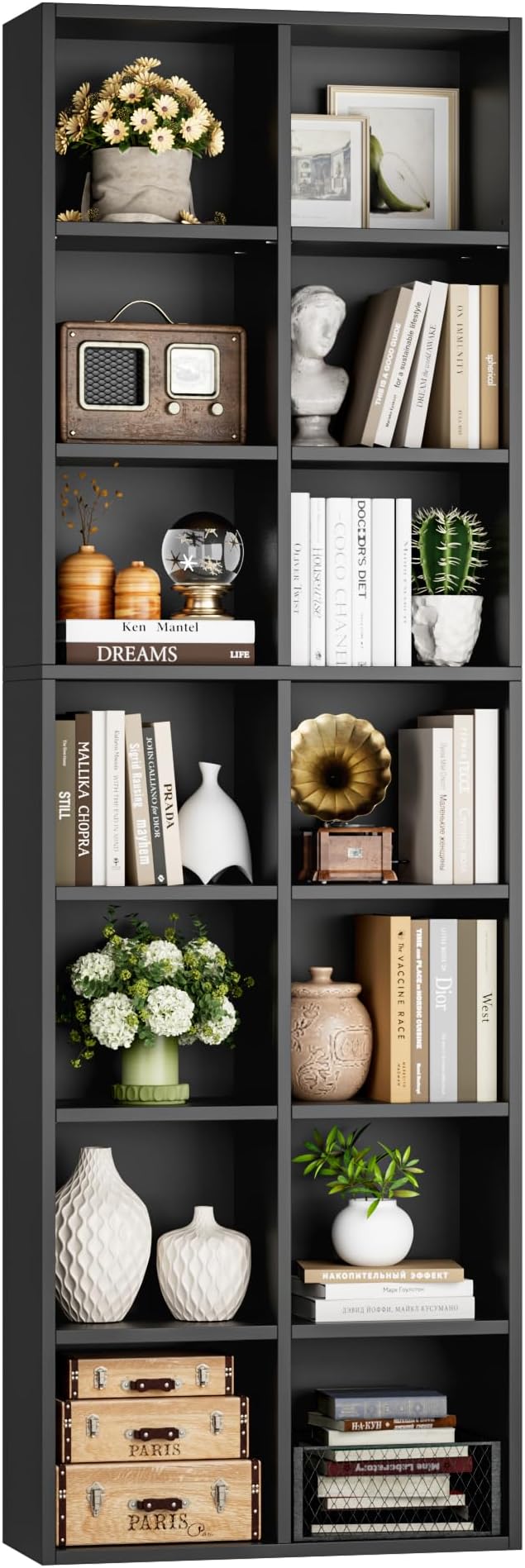 FOTOSOK 71'' Tall Bookshelf, Double Wide Media Tower Rack CD DVD Rack Display Cabinet with Adjustable Shelves, Tall Narrow Bookcase Black Bookshelf for Home Office, Black