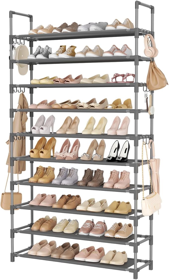 Tall Shoe Rack 10 Tier Shoe Organizer Large Shoe Shelf with 18 Hooks Storage for 50 Pair Sneaker and Boot, Stackable Vertical Shoe Rack Organizer for Closet, Entryway, Bedroom, Grey
