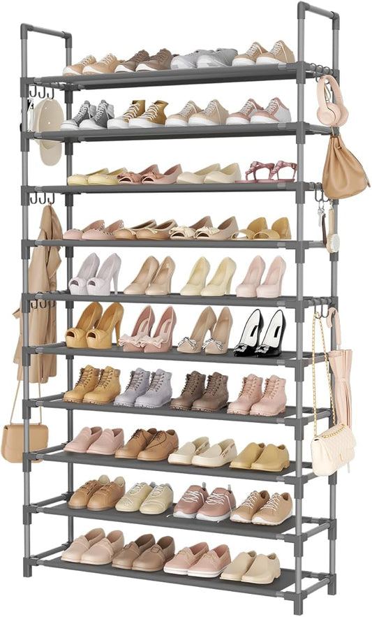 Tall Shoe Rack 10 Tier Shoe Organizer Large Shoe Shelf with 18 Hooks Storage for 50 Pair Sneaker and Boot, Stackable Vertical Shoe Rack Organizer for Closet, Entryway, Bedroom, Grey