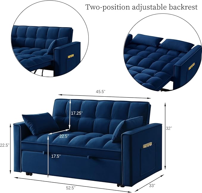 KEIKI Velvet Loveseat Convertible Sofa Bed Sleeper Chair with Adjustable Backrest, Pillows & Storage Pockets, 3 in 1 Pull-Out Couch Chaise Lounge Recliner for Living Room Balcony Bedroom, Navy