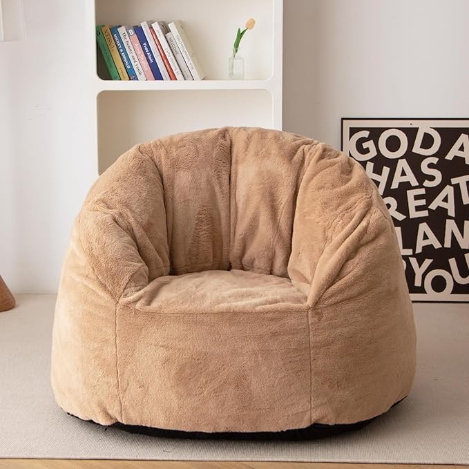 N&V Large Shell Bean Bag Chair, Adult Size Bean Bag Sack, Foam Filling, Includes Removable and Machine Washable Cover, 40in, Soft Faux Fur, Brown