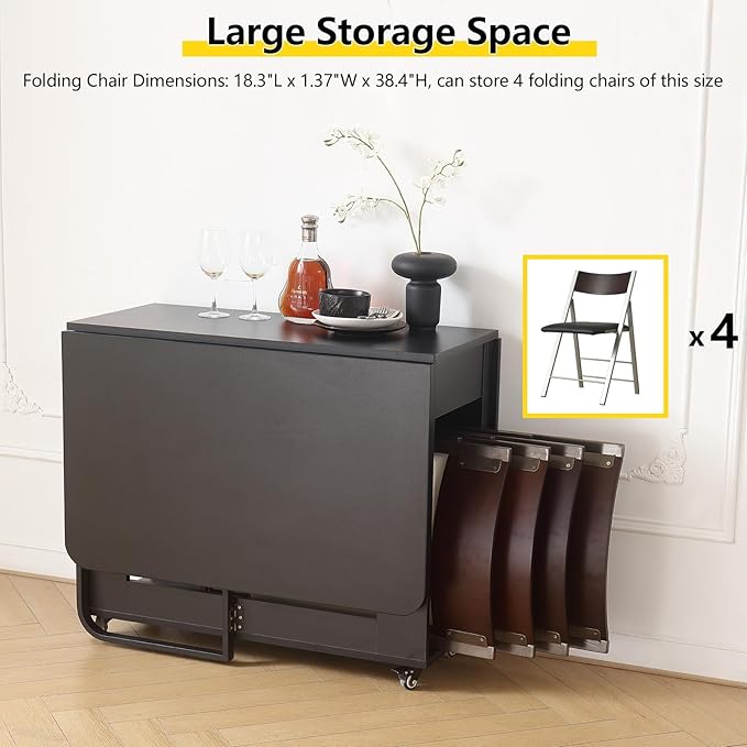 Folding table and chair set, dining table with extra large storage space and 4 universal wheels, matched with padded steel frame folding chairs, space-saving dining table and 4 chairs (Black)