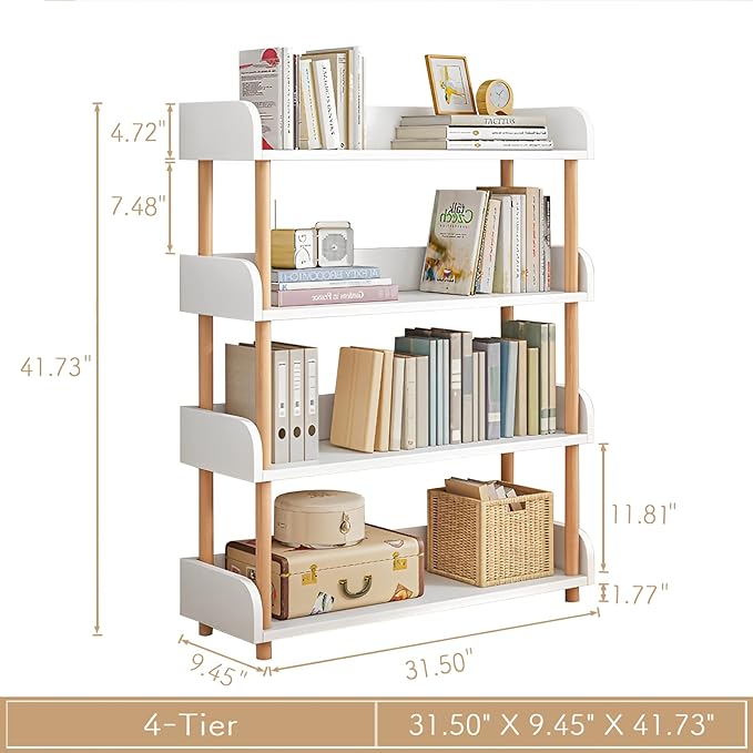 4-Tier Wooden Open Bookcase - Modern Display Bookshelf with Side Panels and Solid Wood Frame for Home and Office, Storage Cabinet, Warm White