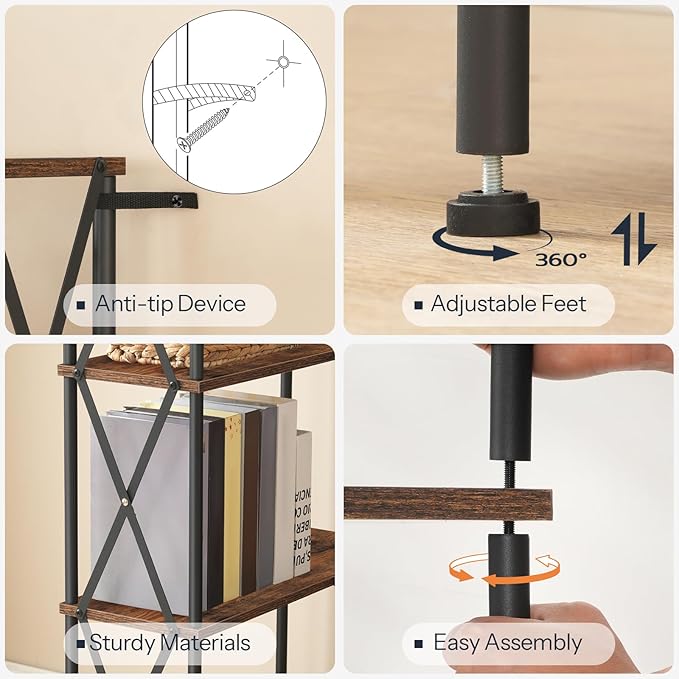HOOBRO Corner Bookshelf, 5-Tier L-Shaped Bookcase, Industrial Open Display Shelf Tall Storage Organizer, Vertical Storage Rack, for Living Room, Home Office, Rustic Brown and Black BF60SJ01
