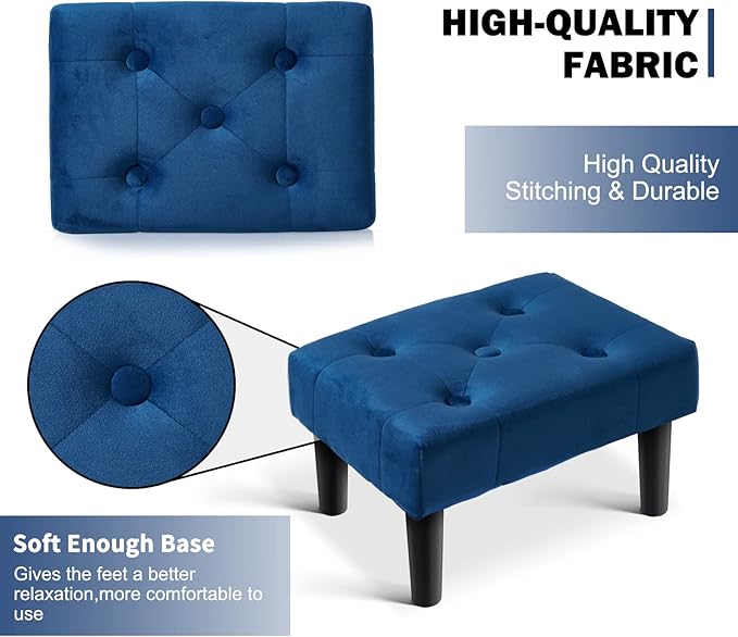 HOUCHICS Small Footstool Ottoman, Velvet Wooden Foot Stool Ottoman with Wood Legs, Sofa Footrest Extra Seating for Living Room Entryway Office(Blue 1PACK)