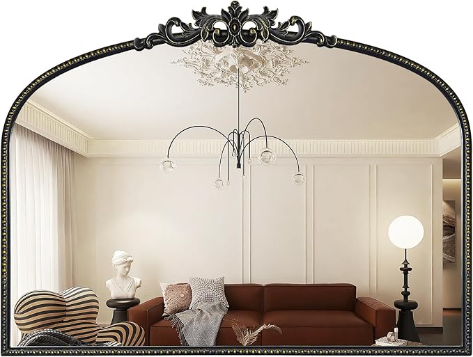 WallBeyond Black Antique Arched Vintage Wall Mirror, 24x32 Inch, Iron Frame, Bathroom, Living Room, Entryway