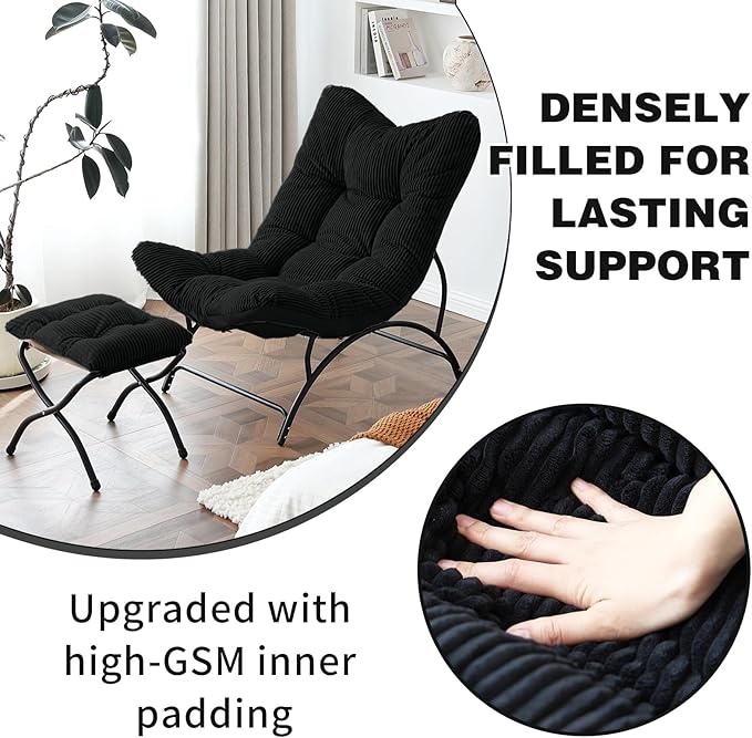 Welnow Accent Chair with Ottoman, Lounge Comfy Soft Leisure Metal Frame Reading Chair with Footrest, Upholstered Thick Cushion Seated Recliner Sofa for Living Room, Bedroom, Dorm, Black