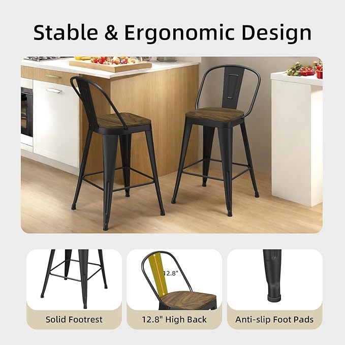 Metal Bar Stools Set of 4, High Back Bar Stools with Wooden Seat, 26 inch Black Barstools for Kitchen Island