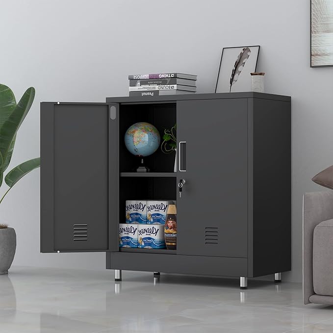 Metal Storage Cabinet with Locking Doors and Adjustable Shelf, Small Lockable Sideboard Buffet Cabinet for Home Office Hallway Entryway Living Dining Room (Black)