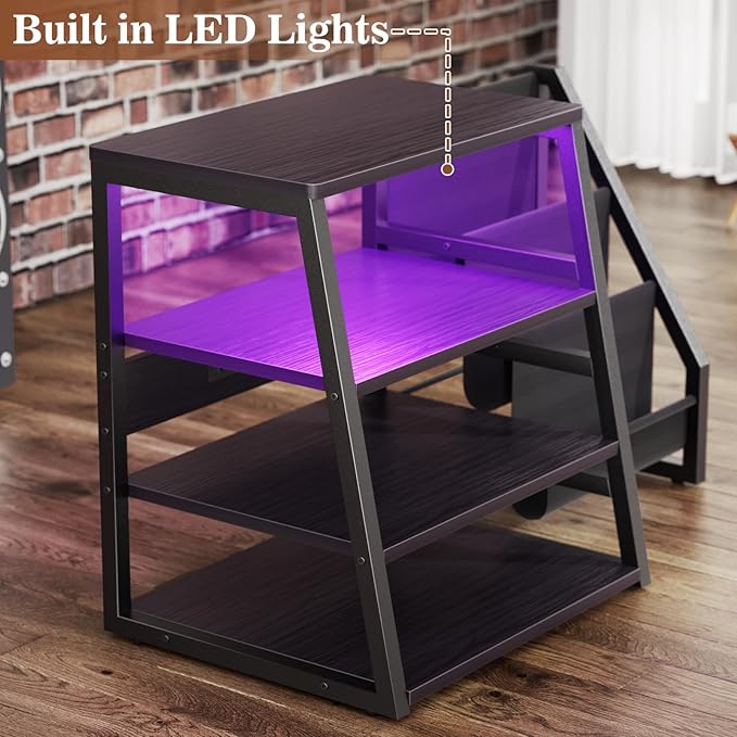 AV Media Stand with Outlets, Stereo Stands and Racks with Vinyl Storage, Stereo Stand with Record Storage, Audio Stereo Rack Cabinet, Turntable Console Stand with LED lights, 4 Tiers, Black Ebony