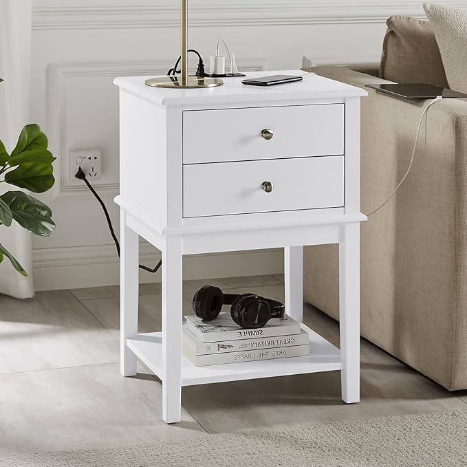 conifferism White Nightstand with Charging Station 28 inches Tall for Bedroom, Sofa Side Table with 2 Drawers,Large End Table with USB Ports,Modern Bedside Table for Home Living Room