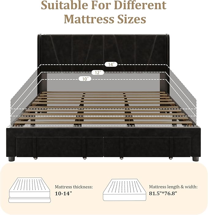 King Bed Frame with Storage Drawers, Upholstered Platform Bed with Headboard and Wingboard, No Box Spring Needed, NO Noise, Easy Assembly, Wooden Support Slats, Black