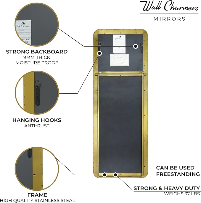 Gold Rectangular Mirror 48 inch Tall | Wall Mounted or Free Standing Floor Mirror | Full Size with Stainless Steel Frame and Rounded Corners | Full Length Mid Century Modern Design by Wall Charmers