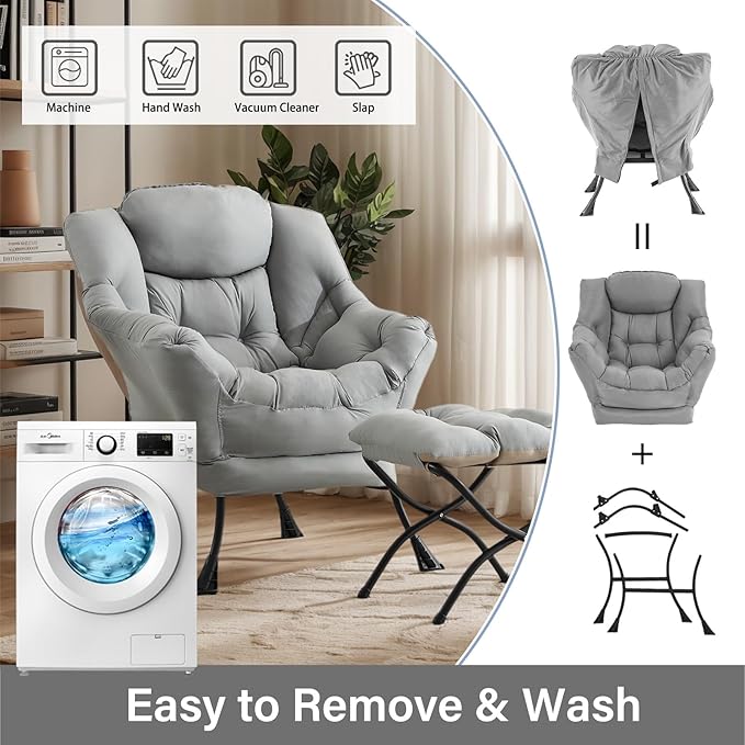 Lazy Chair with Ottoman, Large Modern Lounge Accent Chair with Armrests and Footrest, Reading Armchair with Ottoman, Leisure Sofa Chair for Living Room, Bedroom, Dorm Room (Light Grey)