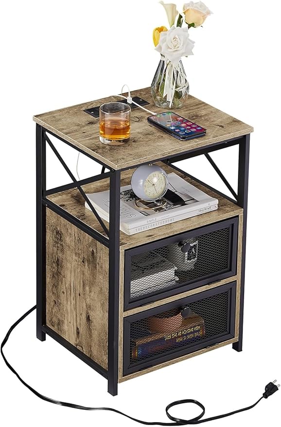 VECELO Dust Grey End Table with USB Ports and Outlets,24 Inch Nightstands with Charging Station and Storage Shelf for Bedroom,Living Room, 1 Set