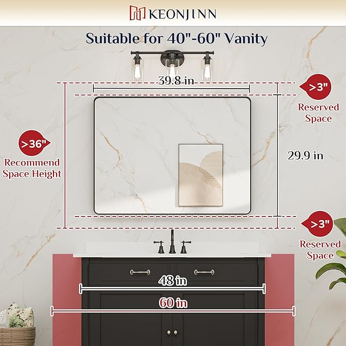 Keonjinn Black Framed Mirror for Bathroom 40 x 30 Inch Rounded Rectangle Wall Mirror, Matte Black Vanity Mirror for over Sink, Tempered Glass Farmhouse Mirror Seamless Metal Frame(Horizontal/Vertical)