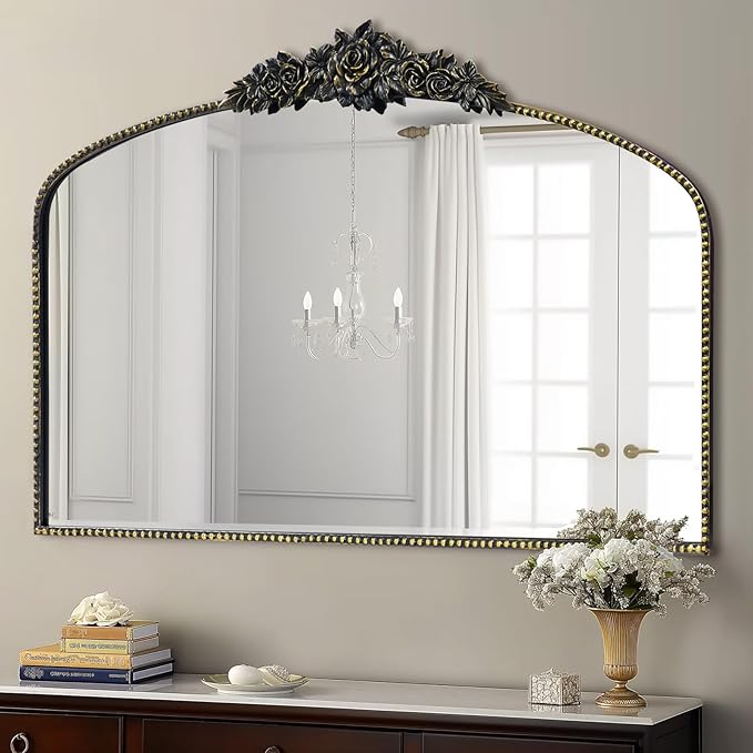 Antique Arched Black Mirror 48"x30", Traditional Victorian Vintage Mantel Mirrors with Ornate Metal Frame, Baroque Mirrors for Fireplace/Entryway/Dining Room/Living Room/Bathroom