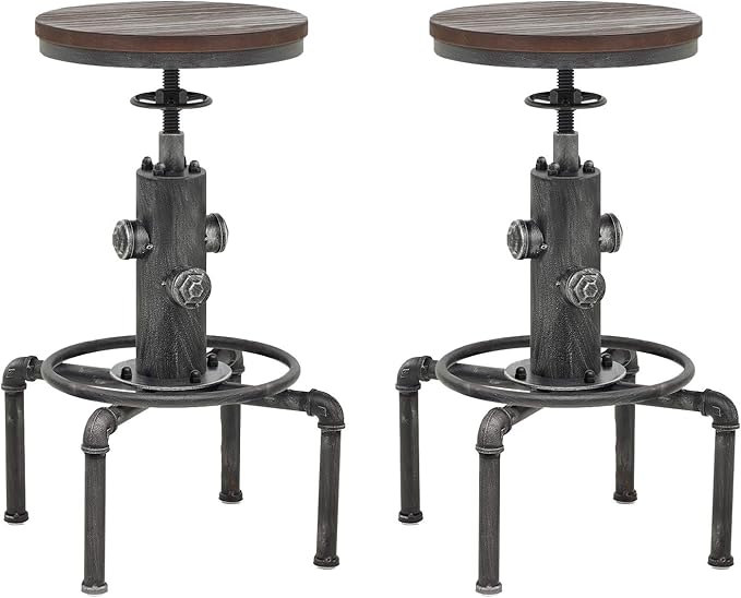 Topower Antique Vintage Industrial Barstool Solid Wood Water Pipe Fire Hydrant Design Cafe Coffee Industrial Bar Stool Set of 2 Silver