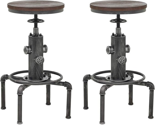 Topower Antique Vintage Industrial Barstool Solid Wood Water Pipe Fire Hydrant Design Cafe Coffee Industrial Bar Stool Set of 2 Silver