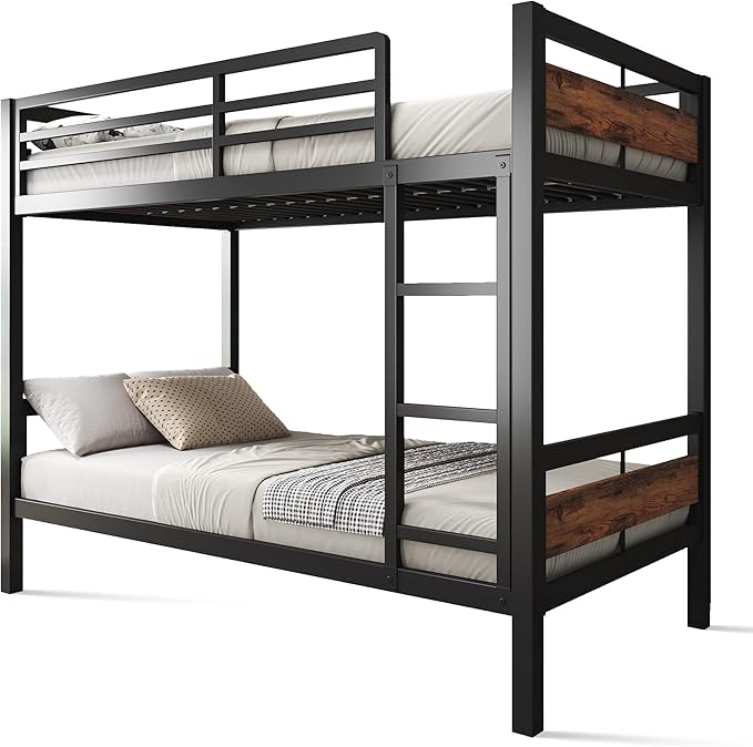 Feonase Metal Bunk Bed Twin Over Twin with Ladder and High Guardrail, Heavy-Duty Metal Slats Support, Noise Free, No Box Spring Needed, for Kids and Juniors, Vintage