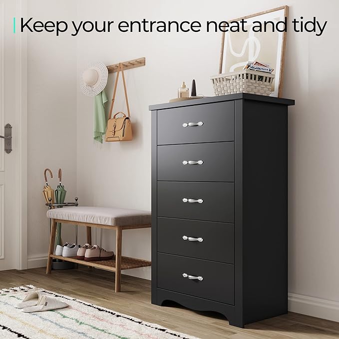 LINSY HOME 5 Drawer Dresser, Black Dresser for Bedroom, Modern Dresser Chest with Wide Drawers, Wood Storage Chest of Drawers for Nursery Kids Room Living Room