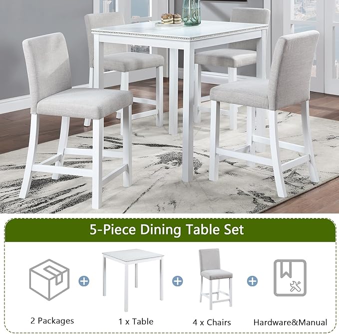 KEIKI 5-Piece Counter Height Dining Table Set with Square Table and 4 Upholstered Chair, for 4 Person, Modern Style Crystal Decoration Wooden Table Set, Easy Assembly, for Kitchen, Dining Room,White