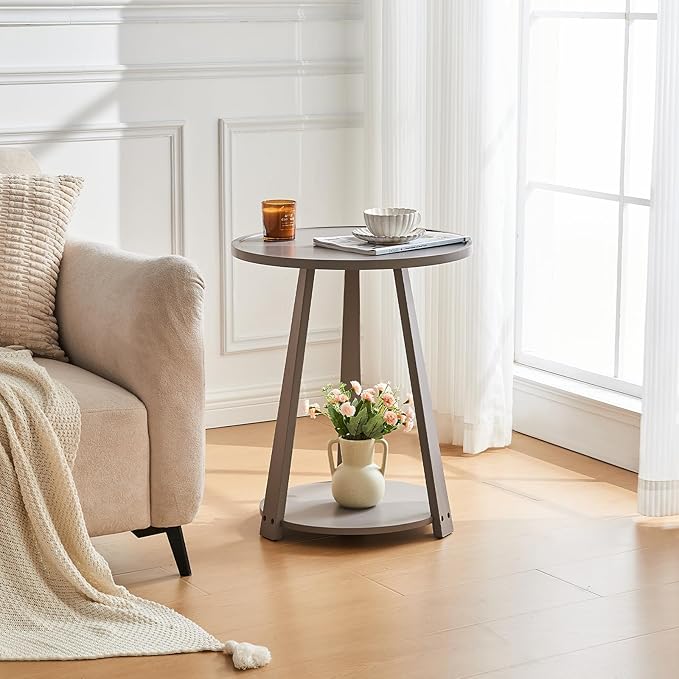 Uniclinens Wooden Small Round End Table, Narrow/Little Coffee/Sofa/Couch SideTable for Living Room Bedroom, Solid Wood Bedside Nightstand, Gray