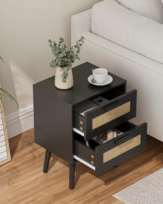 Masupu Rattan Night Stand, Modern nightstand Boho Bedside Table with 2 Drawer,Small End Side Table for Bedroom,Living Room,Office,Black