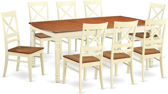 East West Furniture DOQU9-WHI-W 9 Piece Dining Set Includes a Rectangle Dining Room Table with Butterfly Leaf and 8 Kitchen Chairs, 42x78 Inch, Buttermilk & Cherry