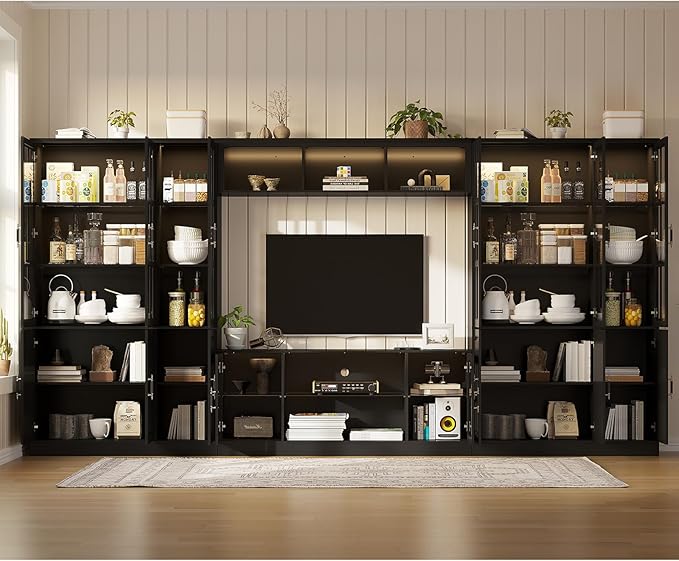 4-Piece Wall Unit TV Stand with Storage & LED Lights for TVs up to 75", Modern Entertainment Center with Bookshelves & 6-Door Pantry Cabinet, Black