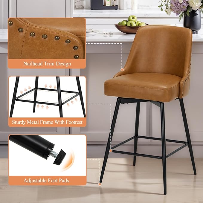 COLAMY Bar Stools Set of 4, 26.18" Counter Height Swivel Stools with Thick Padded Seat, Adjustable Footrest & 360° Rotation, Premium PU Leather Upholstery for Kitchen Island/Home Bar/Cafe, Brown
