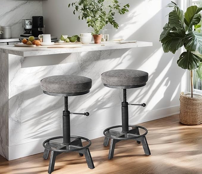 Set of 2 Swivel Pu Seat Bar Stools Industrial Style 17-24inch Height Adjustable Kitchen Stool Extra Guest Chair