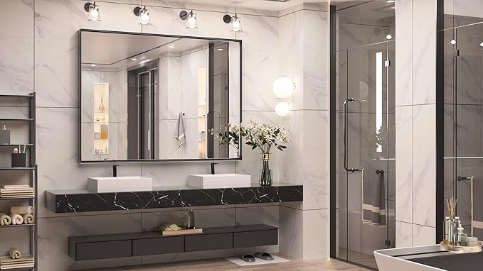 Keonjinn Black Bathroom Mirror 48” x 40” Wall Mirror for Bathroom Vanity Large Metal Frame Rectangle Mirror for Over Sink Rectangular Farmhouse Square Corner Framed Mirror(Horizontal/Vertical)