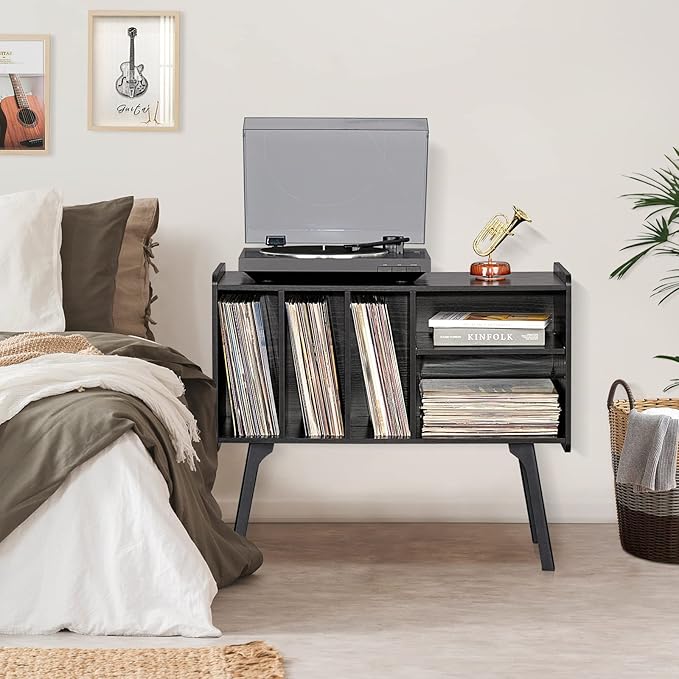 Lerliuo Record Player Stand with 4 Cabinet Holds Up to 220 Albums, Large Turntable Stand with Beech Wood Legs, Mid-Century Record Player Table,Black Vinyl Holder Storage Shelf for Bedroom Living Room