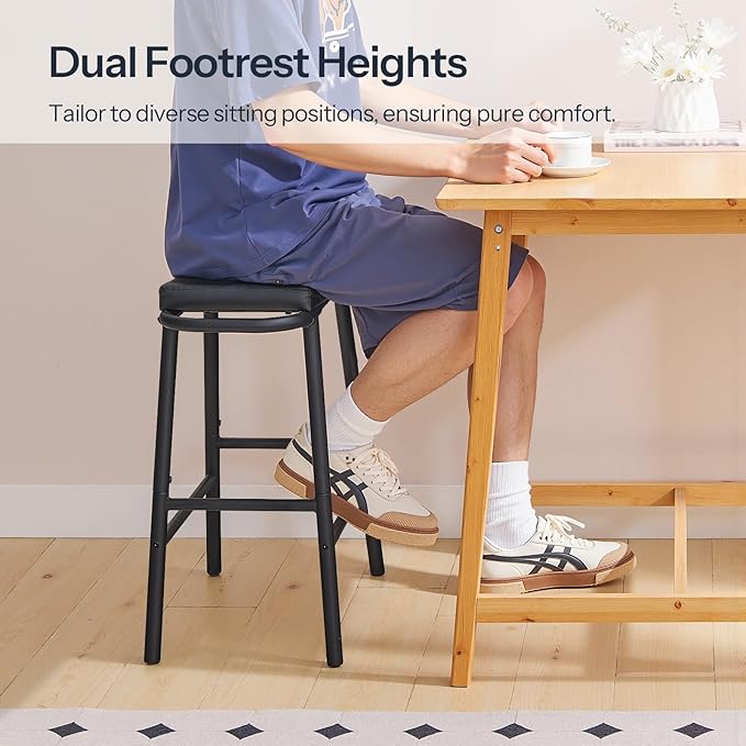 HOOBRO Bar Stools, Set of 2 Bar Chairs, 24” Barstools for Kitchen Counter, PU Upholstered Barstools, Kitchen Stools with Armrest and Footrests, Backless, for Kitchen, Dining Room, Black BB40MDP201