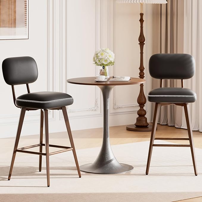 Swivel Bar Stools Set of 6, Mid Century PU Leather Counter Height Bar Chairs with Low Back and Metal Legs, Modern Bar Stool Chair for Kitchen Island, Black