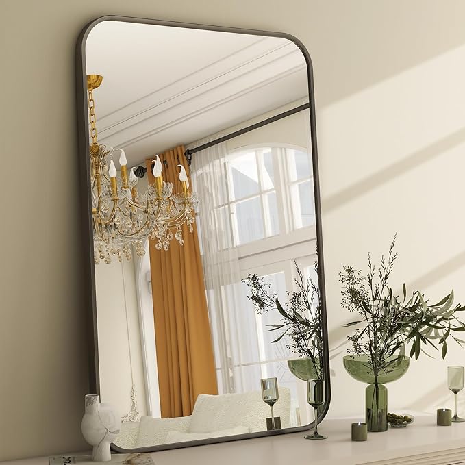 26 x 38 Inch Bathroom Mirror, Rounded Rectangular Vanity Mirror for Wall, Modern Mirror for Room Decor, Black Framed Wall-Mounted Mirrors for Home Decor, Hangs Horizontally or Vertically
