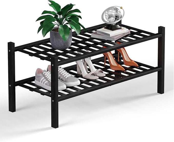Haddockway 2 Tier Bamboo Shoe Rack Storage Organizer, Multifunctional Free Standing Stackable Shoe Shelf with Grid Panel for Closet,Hallway,Entryway,Small Space 27"x11"x13" (Black, 2 Tier)