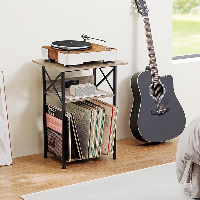 AMHANCIBLE Record Player Stand with Charging Station, Large Turntable with Storage Cabinet holds up to 100 Albums, 3 Tier End Table for Vinyl, Living Room, Grey, HETCD012GY-1