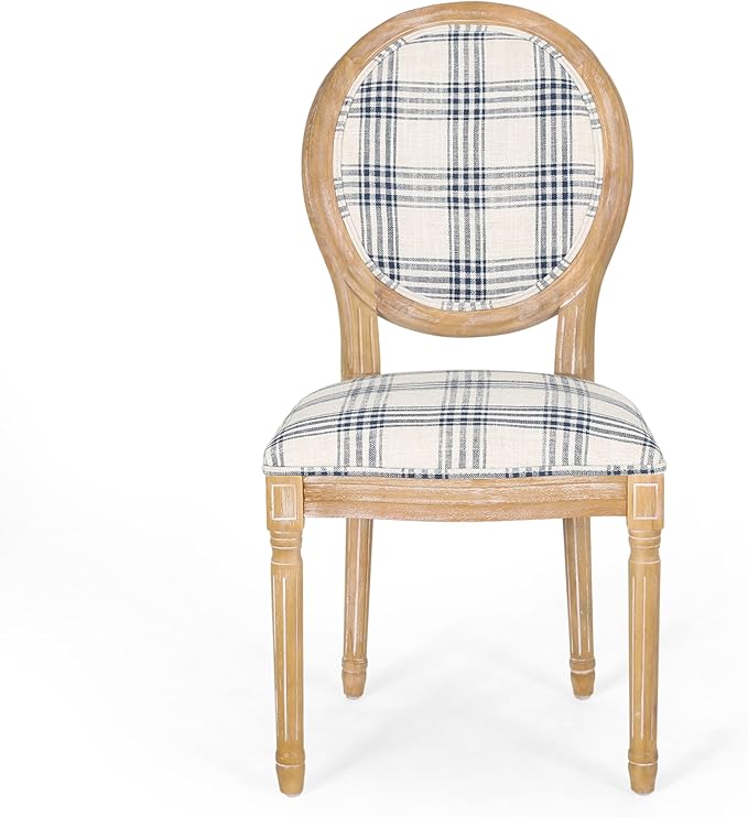 Christopher Knight Home Phinnaeus Dining Chair Set, Set of 4, Wood, Dark Blue Plaid + Light Beige + Natural