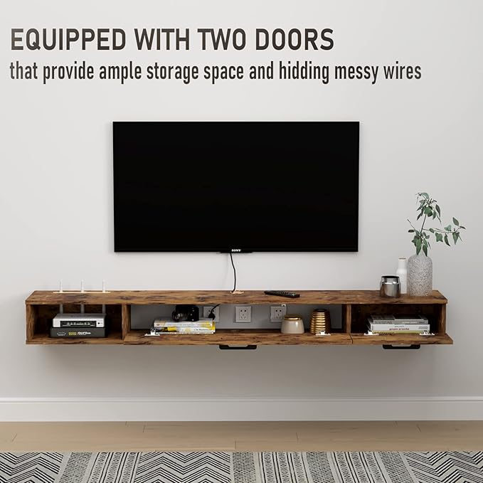 Pmnianhua Farmhouse Floating TV Stand with 2 Doors,47'' Under TV Shelf Floating,Wall Mounted TV Shelf,Rustic Floating TV Console for Under TV(Rustic Brown)